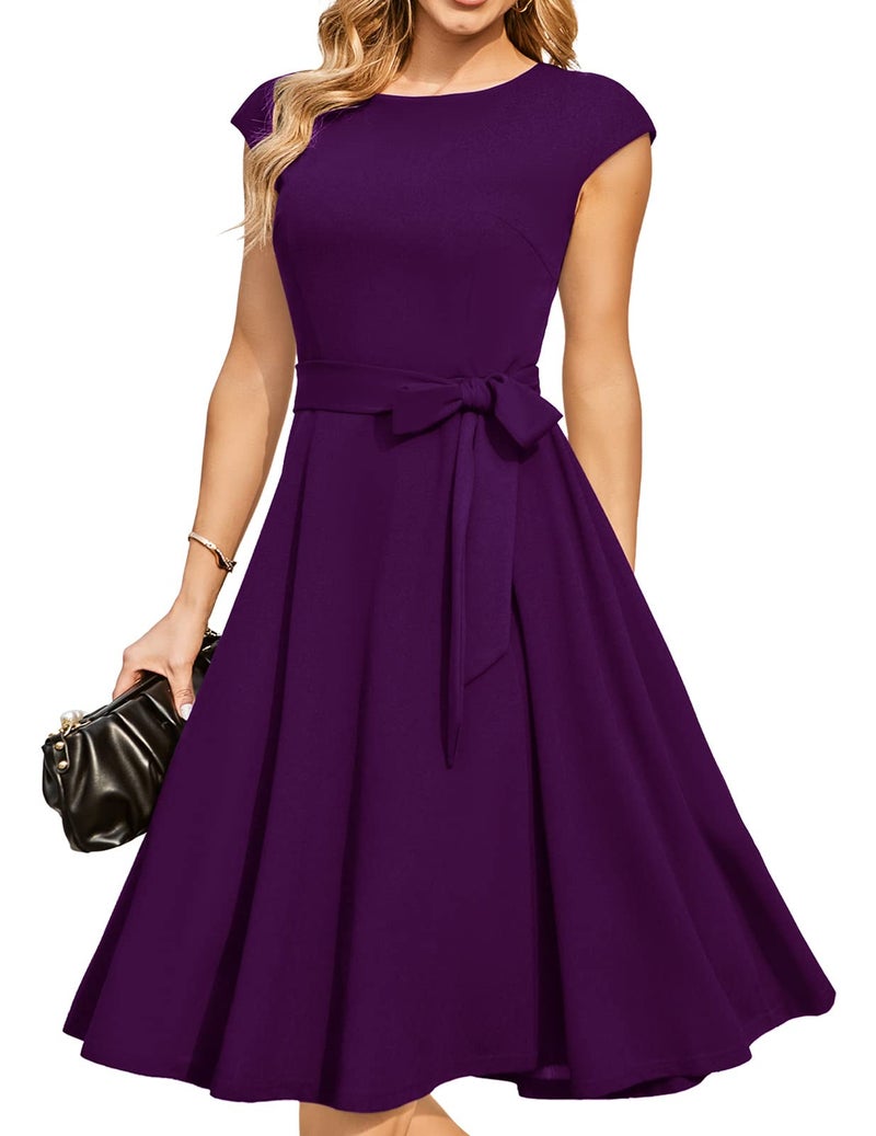 DRESSTELLS Cocktail Womens Dresses for Wedding Guest, Semi Formal Modest Easter Tea Party Ladies Fit and Flare Retro Midi Dress Grape Purple L - Image 1